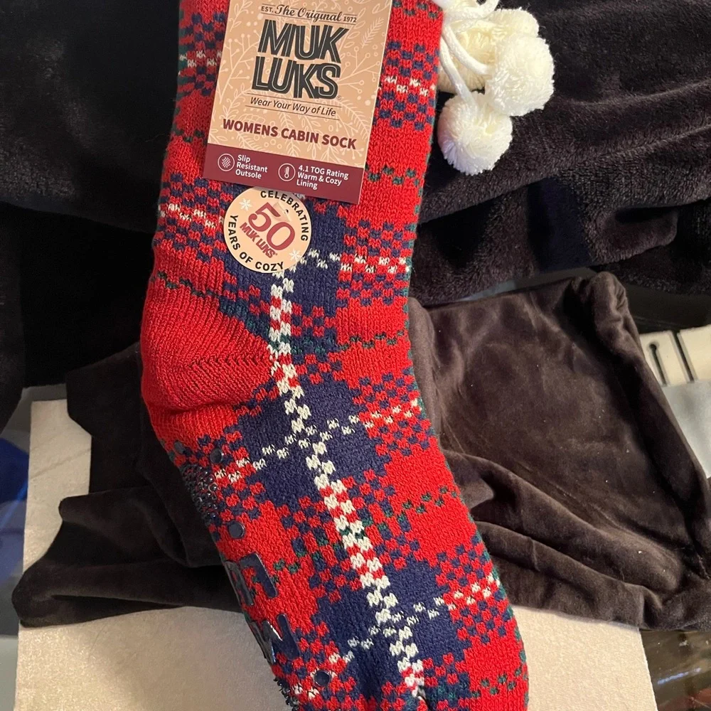 Muk Luks Red and Blue Plaid Knit Sherpa lined Cabin Slipper Socks with Pom Poms - Picture 2 of 6